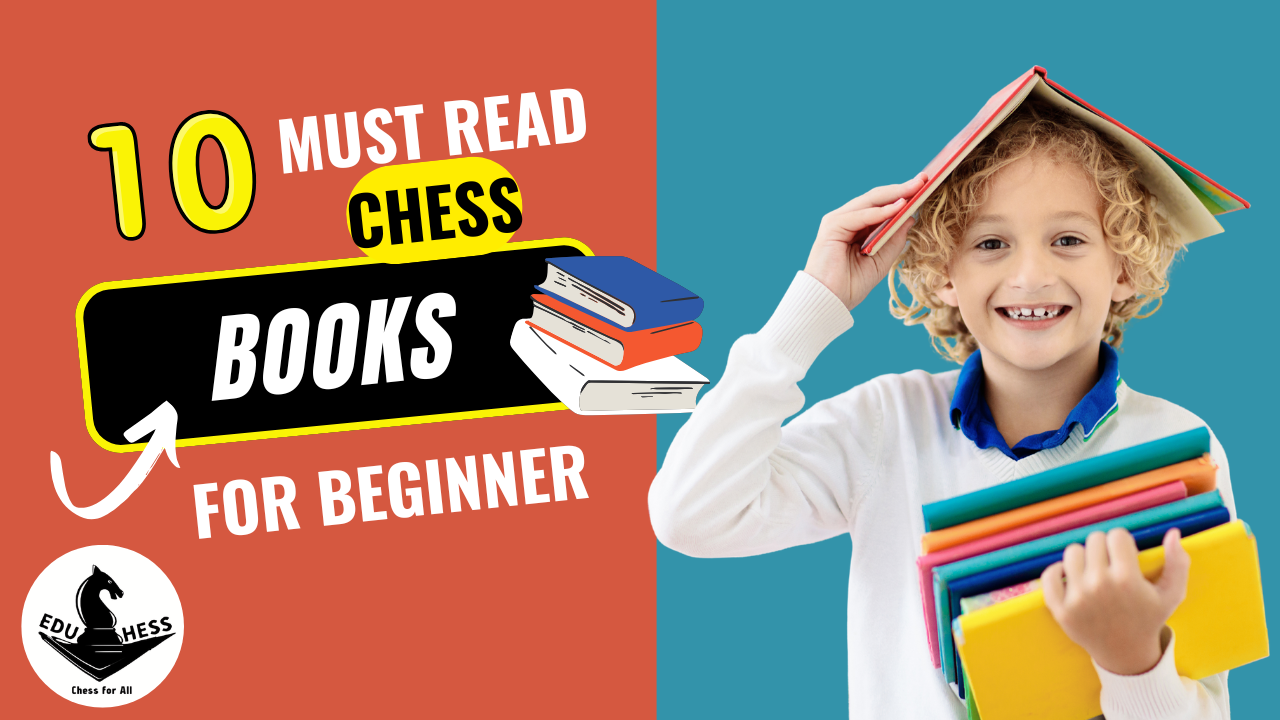 Stack of beginner-friendly chess books beside a chessboard
